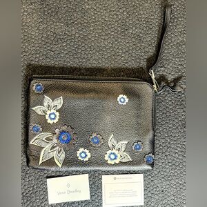 Vera Bradley Mallory RFID Wristlet-Lotus Blooms 7”x 10” Black White Blue Leather